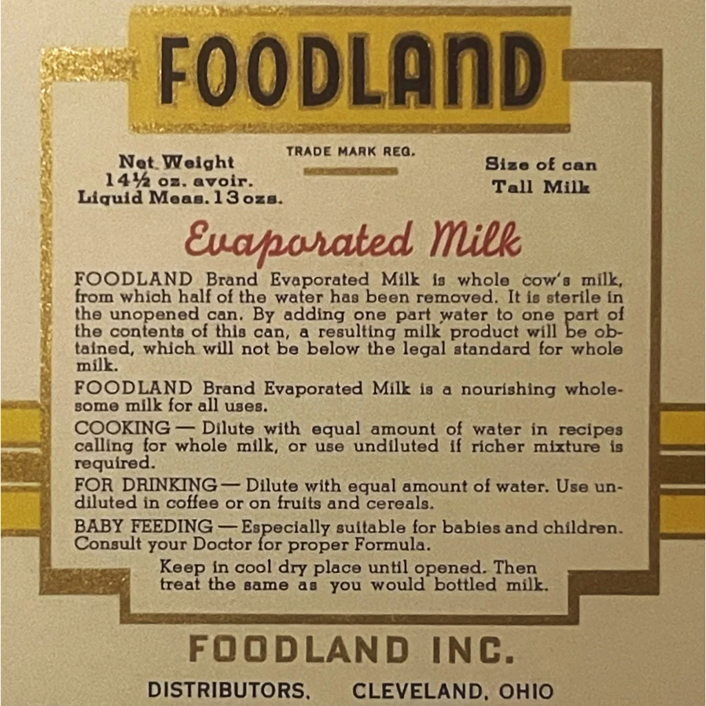 Antique 1920s Foodland Evaporated Milk Can Label Cleveland OH Cow Farm Decor! Vintage Advertisements Rare