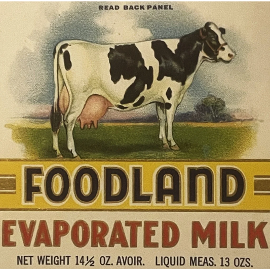 Antique 1920s Foodland Evaporated Milk Can Label Cleveland OH Cow Farm Decor! Vintage Advertisements Rare