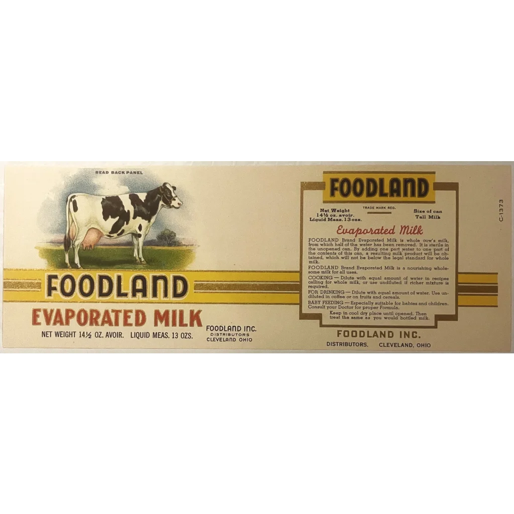 Vintage 1920s Foodland Evaporated Milk label with cow illustration from Cleveland Ohio