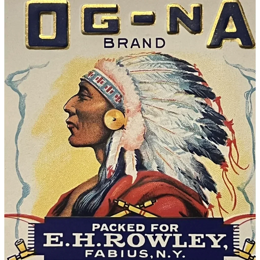 💫 Antique 1920s Og - Na Gold Embossed Can Label Fabius NY Native American Indian Vintage Advertisements Food