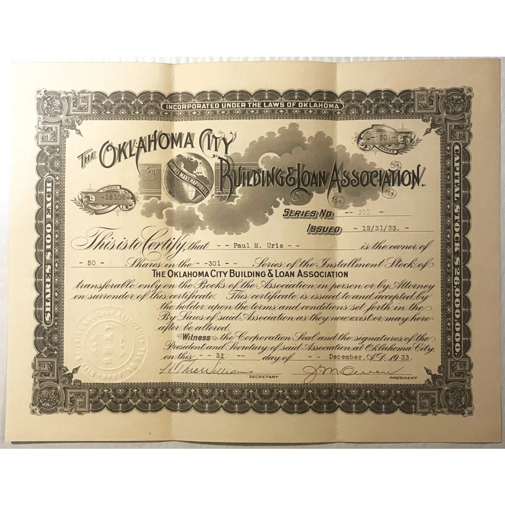 Antique 1920s 🏠 Oklahoma City Building and Loan Association Stock Certificate! Collectibles Vintage Bond