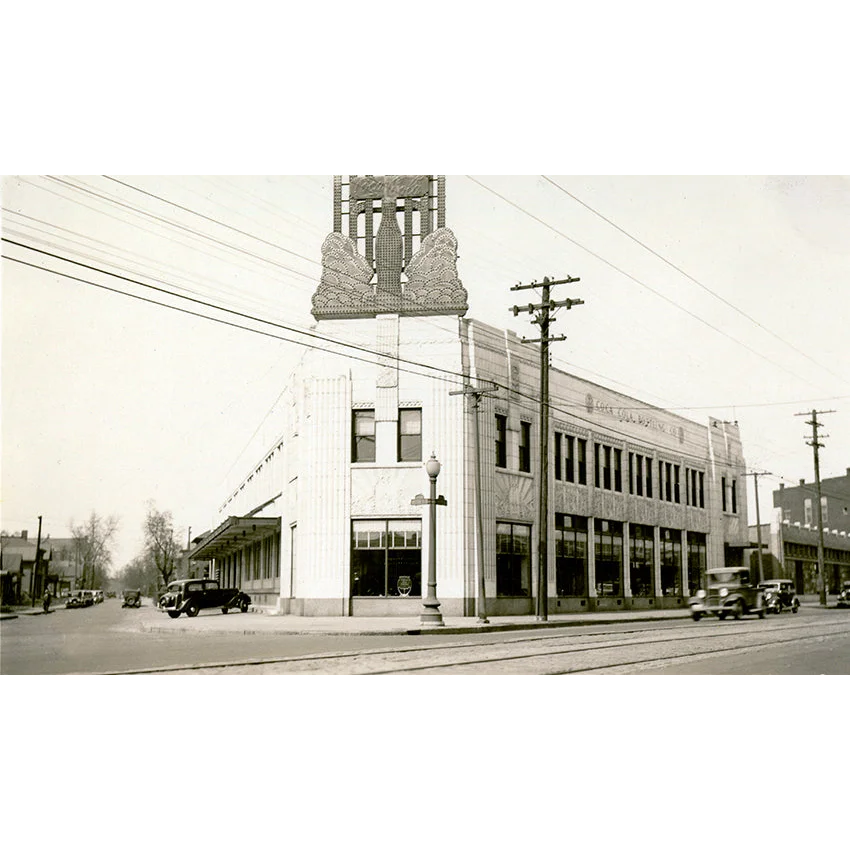 Antique 1920s sanitary root beer label featuring an art deco-style bank building in indiana harbor indiana