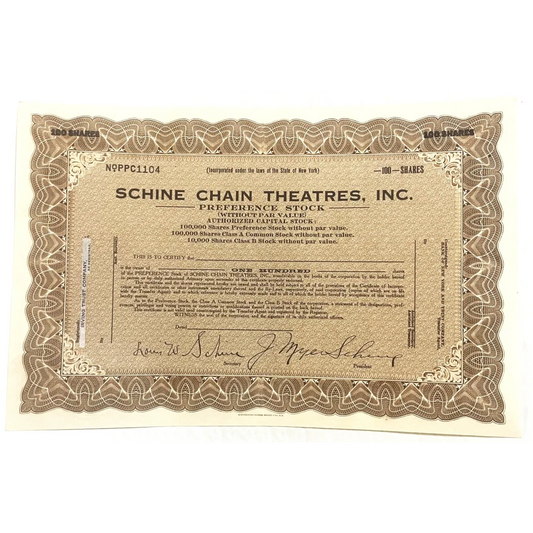 Antique 1920s Schine Chain Theatres Stock Certificate Silent Film Memorabilia! Collectibles Vintage and Bond