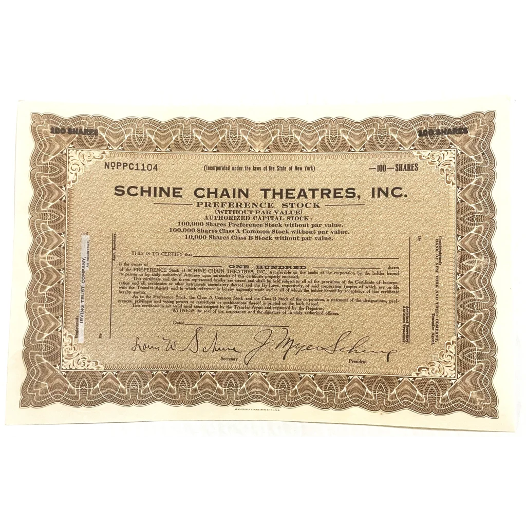 Antique 1920s 🎥 Schine Chain Theatres Stock Certificate Silent Film Memorabilia! Collectibles Vintage and Bond