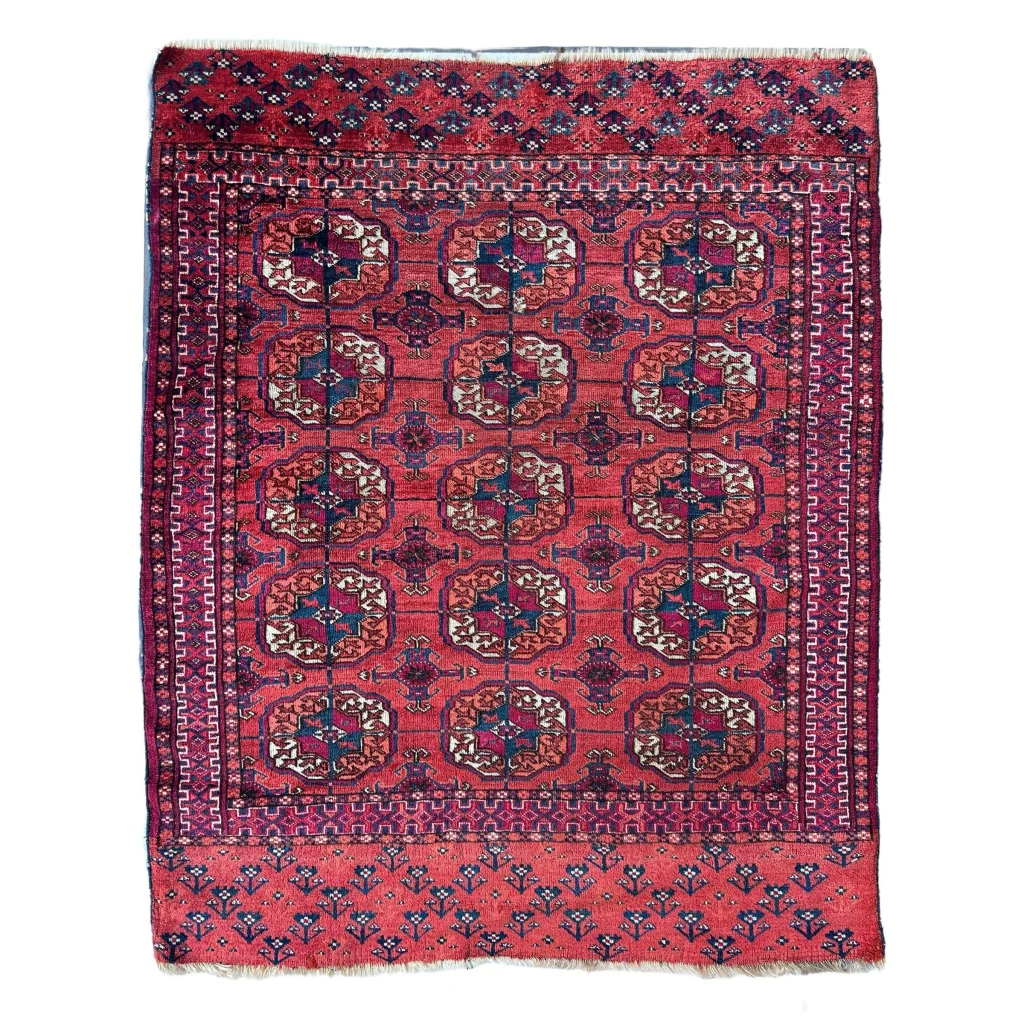 Antique 1920s Tribal Turkoman Tekke Wedding Rug in red patterns