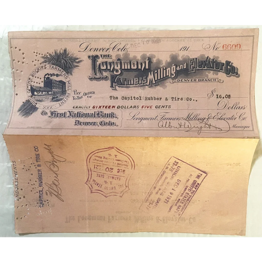 Antique 1921 Longmont Farmers Milling and Elevator Co. Voucher Check Denver CO Collectibles