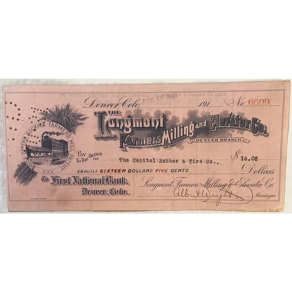 Antique 1921 Longmont Farmers Milling and Elevator Co. Voucher Check Denver CO Collectibles Rare Check: &