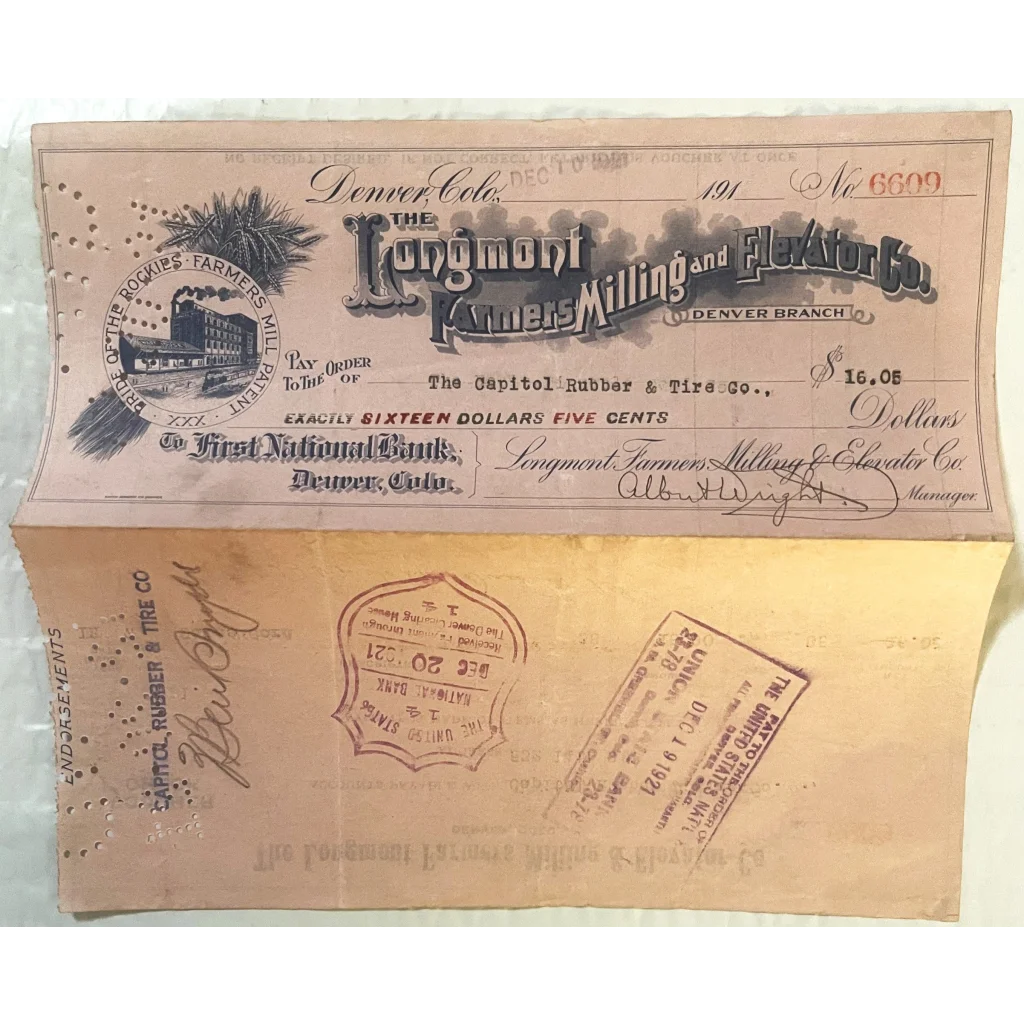 Antique 1921 Longmont Farmers Milling and Elevator Co. Voucher Check Denver CO Collectibles Vintage Gifts Home page
