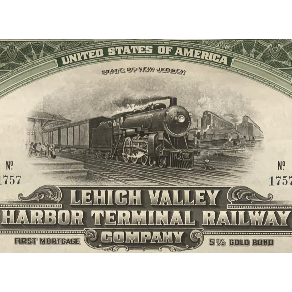 Vintage Lehigh Valley Railway gold bond certificate with engraved steam locomotive design