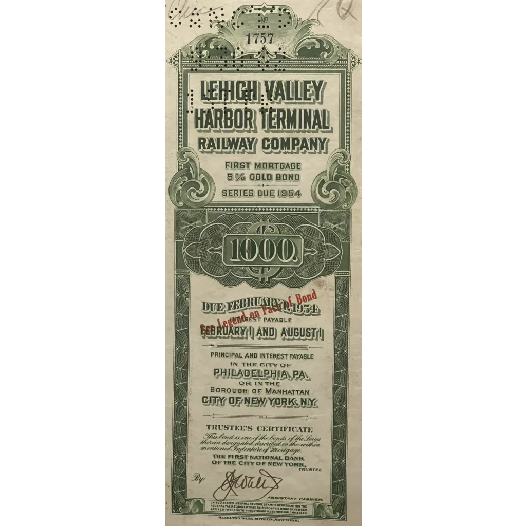 Vintage Lehigh Valley Harbor Terminal Railway gold bond certificate worth $1000