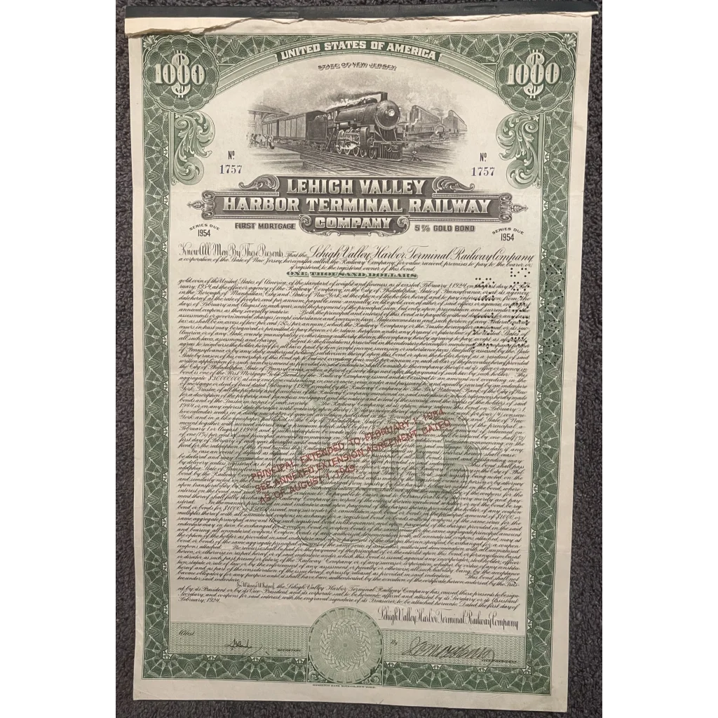 $1000 gold bond certificate from Lehigh Valley Harbor Terminal with steam locomotive engraving