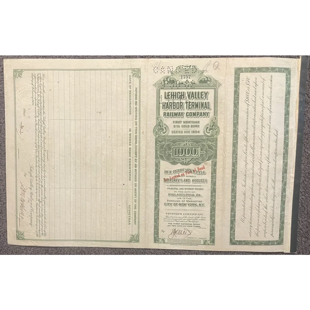 Vintage Lehigh Valley Harbor Terminal Railway gold bond certificate showcasing history