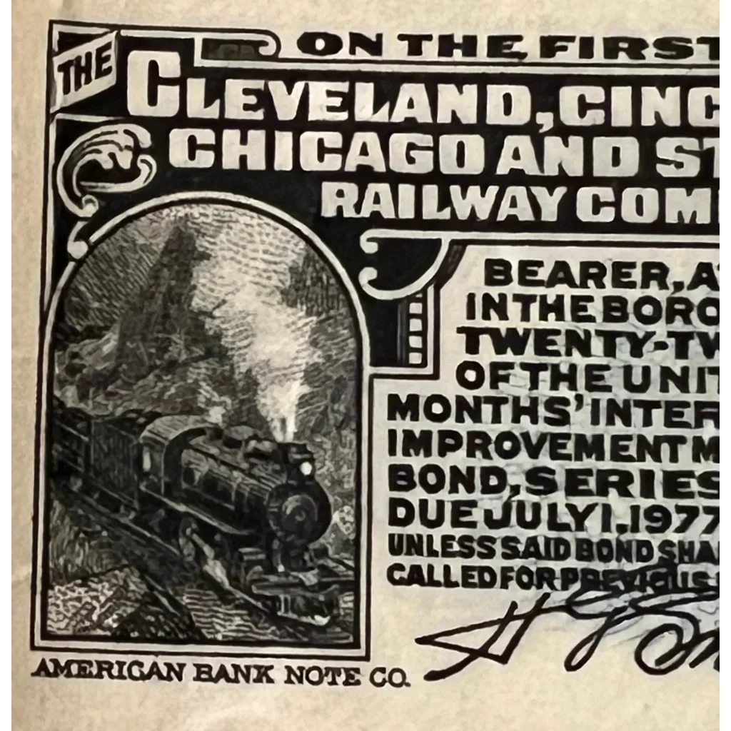 Antique 1927 Cleveland Cincinnati Chicago & St. Louis Railway Co. Bond Certificate Vintage Advertisements