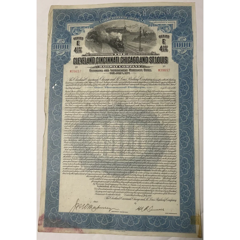 Antique 1927 Cleveland Cincinnati Chicago & St. Louis Railway Co. Bond Certificate Vintage Advertisements