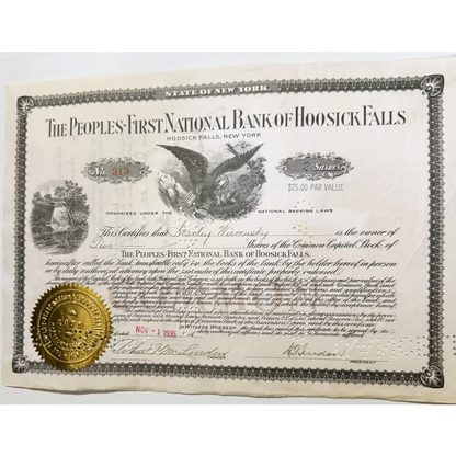 Antique black and white 1930s peoples first national bank stock certificate from hoosick falls new york