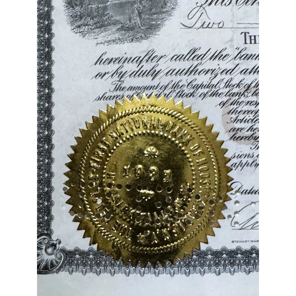Golden embossed seal with serrated edges on antique 1930s national bank stock certificate from peopless first national bank