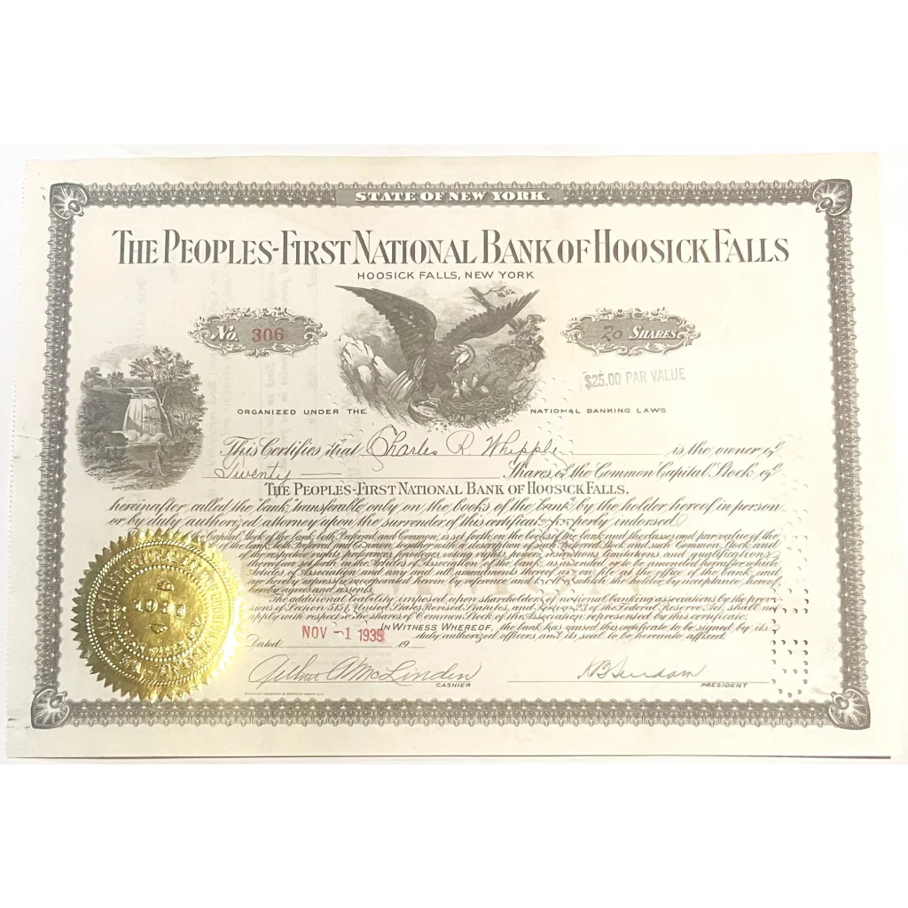 Antique 1930s The Peoples-First National Bank Stock Certificate Hoosick Falls NY Collectibles Vintage and Gifts Home
