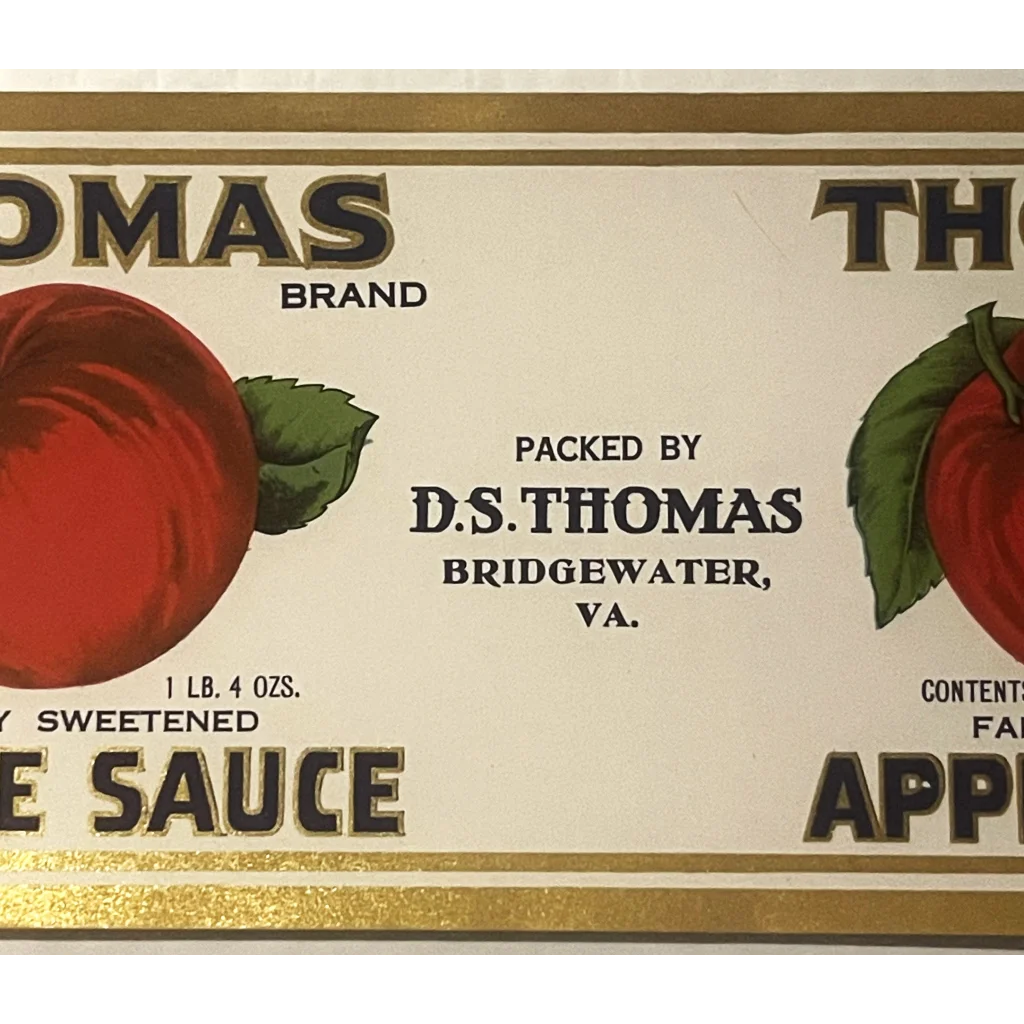 Vintage 1930s Thomas Apple Sauce label with red apple illustrations for a historical touch