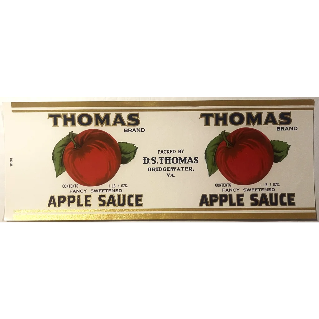 Vintage Thomas Apple Sauce label with red apple art from the 1930s