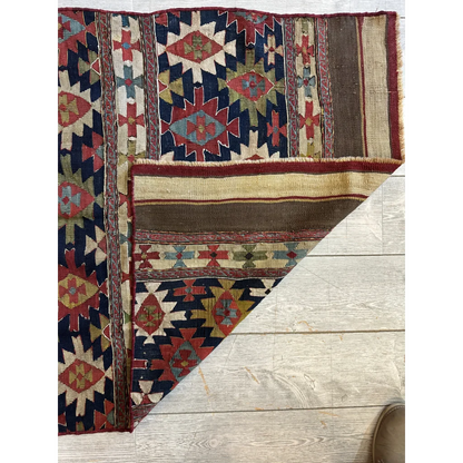 Vibrant antique 19th century Shahsavan mafrash panel rug with geometric red blue beige patterns