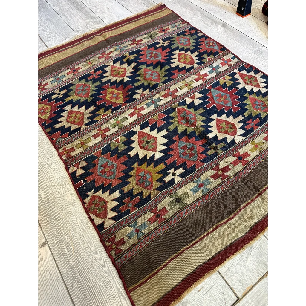 Vibrant antique 19th century Shahsavan Mafrash panel rug with bold geometric motifs