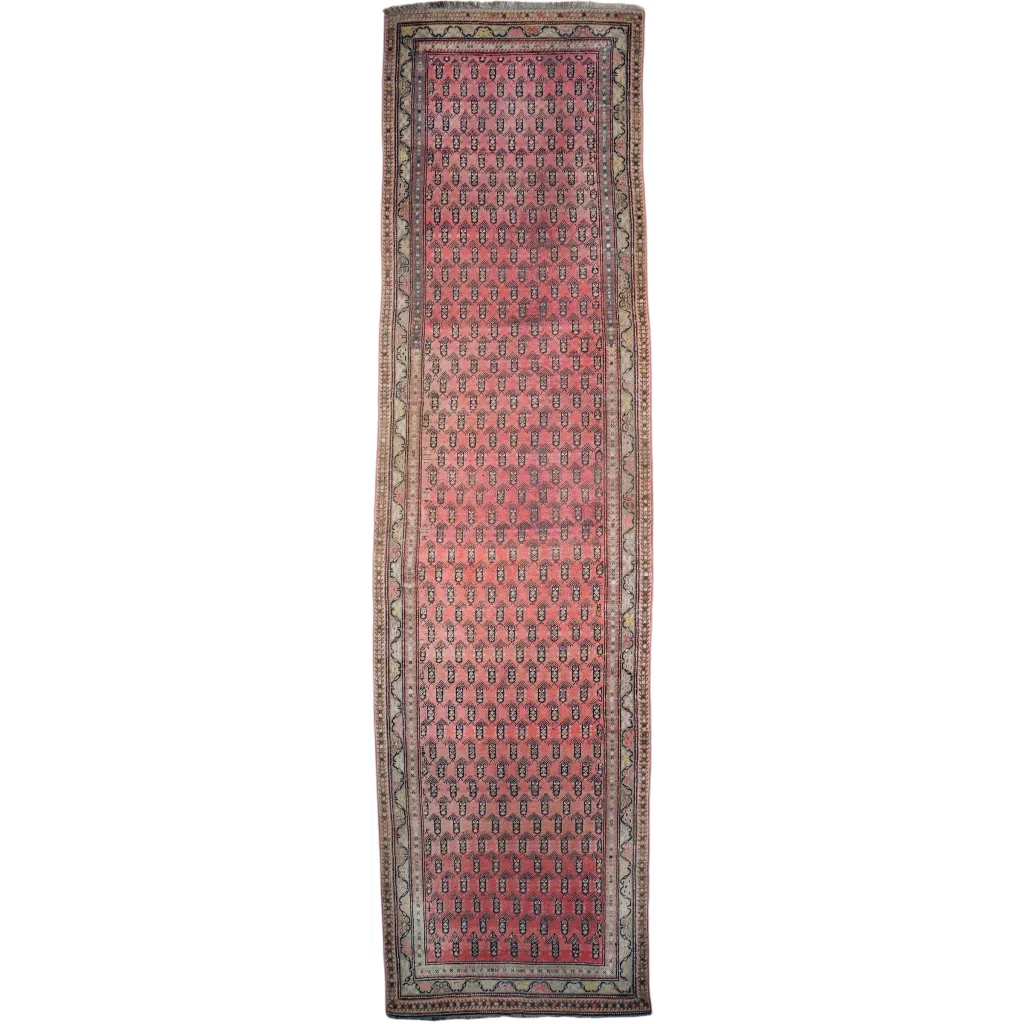 Antique Armenian Karabakh runner rug with terracotta and pink paisley boteh pattern