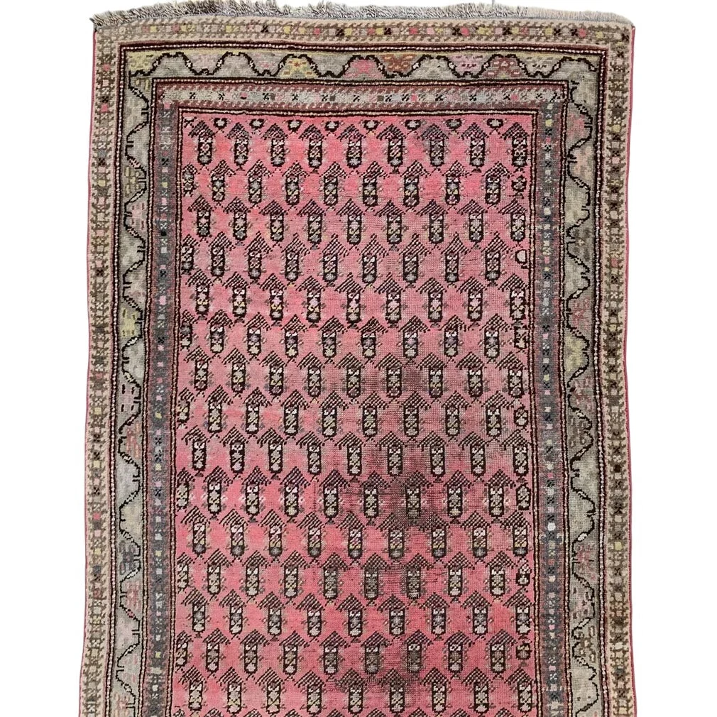 Antique Armenian Karabakh runner rug in pink and brown paisley boteh with fringe