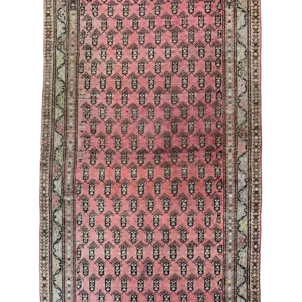 Antique Armenian Karabakh runner rug in terracotta with repeating paisley boteh pattern