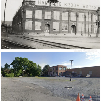 Multi-story brick factory building of hamburg broom works featured on a vintage blue bell broom label ephemera