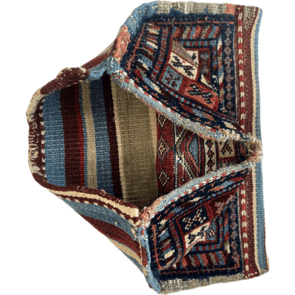 Antique Caucasus hand-knotted wool rug pouch, 1900s geometric patterns