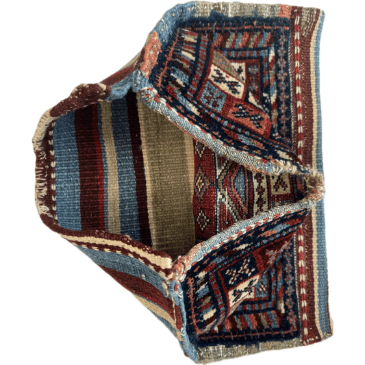 Antique Caucasus hand-knotted wool rug pouch, 1900s geometric patterns