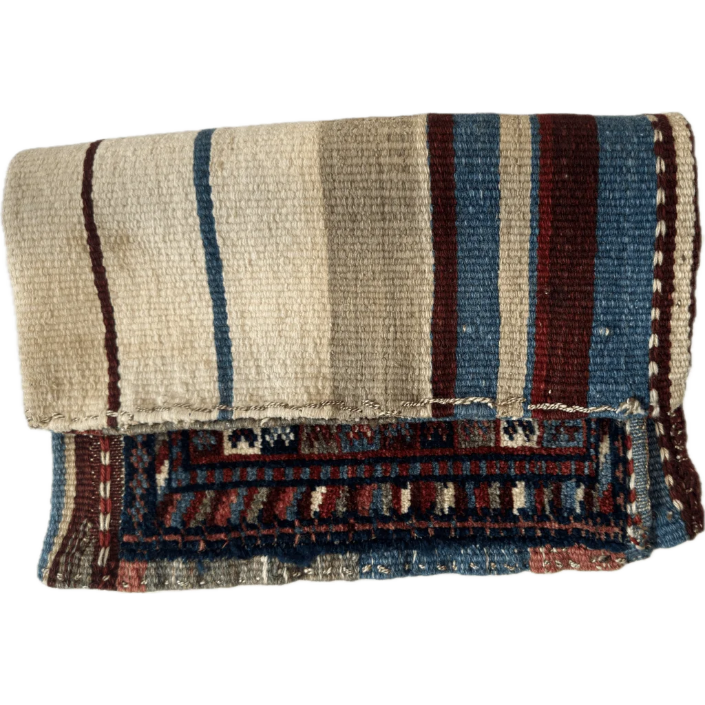 Antique Caucasus woven blanket pouch in beige, blue, maroon stripes, 1900s wool