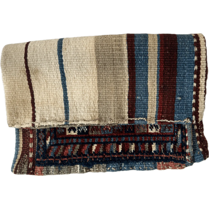 Antique Caucasus woven blanket pouch in beige, blue, maroon stripes, 1900s wool