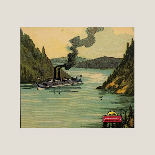 Steamboat chugging through a river gorge with black smoke for vintage gift card vibes