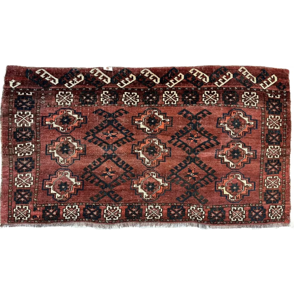 Antique Kizil Ayak Turkoman chuval rug intricate red patterns 34x60 in