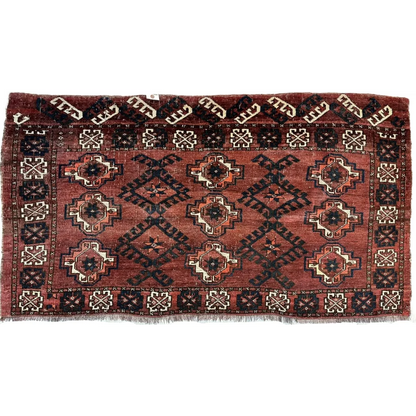 Antique Kizil Ayak Turkoman chuval rug intricate red patterns 34x60 in