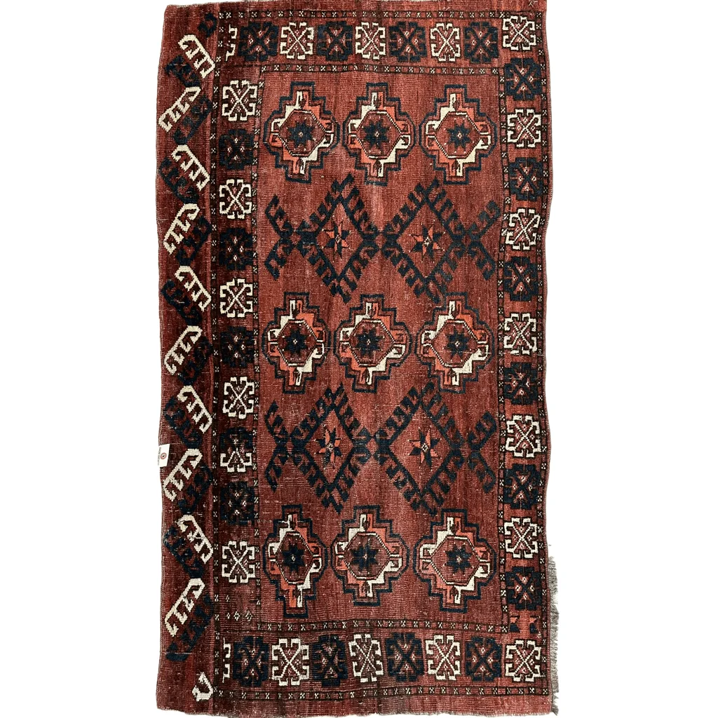Antique Kizil Ayak Turkoman chuval rug red black geometric gul detail