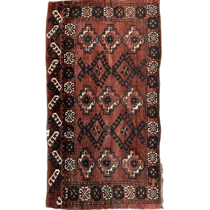 Antique Kizil Ayak Turkoman chuval rug red black geometric gul detail
