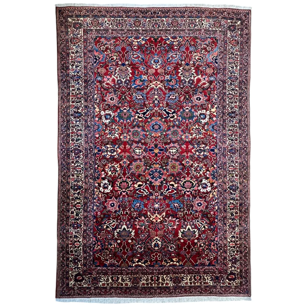 Antique Persian Bakhtiari rug with red field and floral garden panel motifs