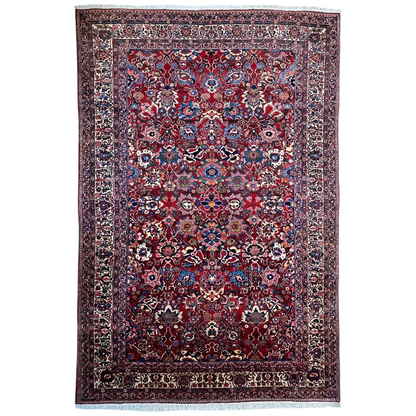 Antique Persian Bakhtiari rug with red field and floral garden panel motifs