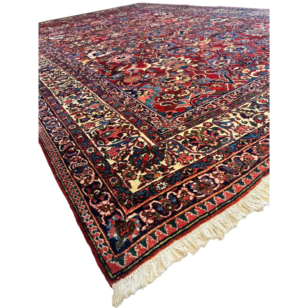 Antique Persian Bakhtiari rug with floral garden patterns in red and blue