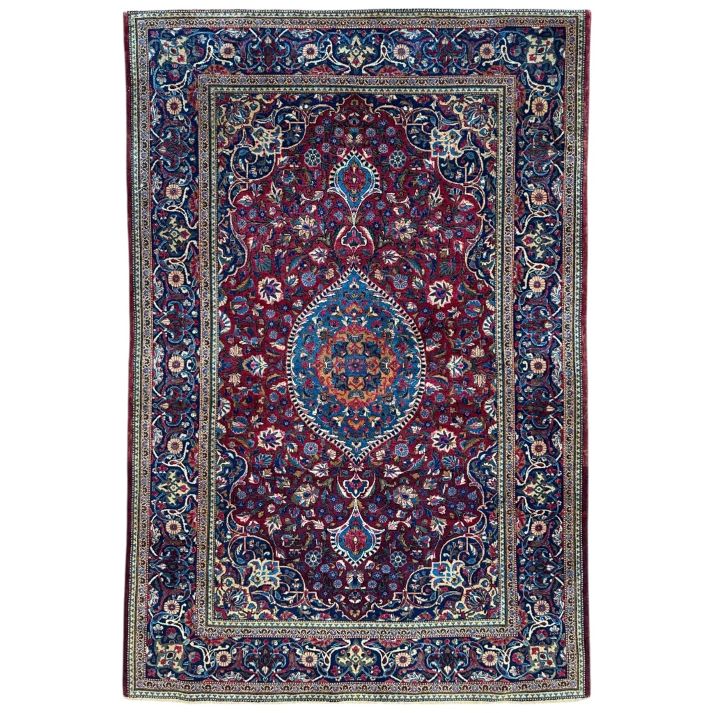Antique Persian Kashan Debir rug with burgundy blue floral medallion