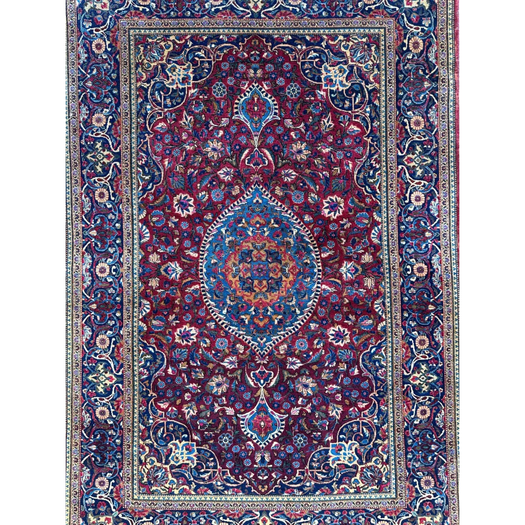 Antique Persian Kashan Debir rug in burgundy blue with medallion