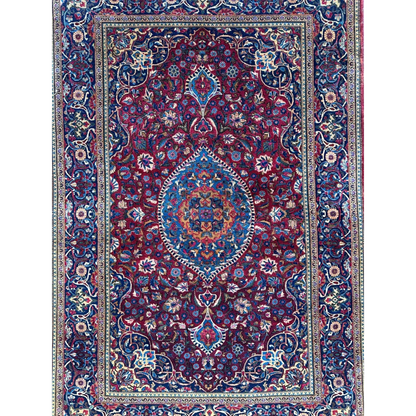 Antique Persian Kashan Debir rug in burgundy blue with medallion