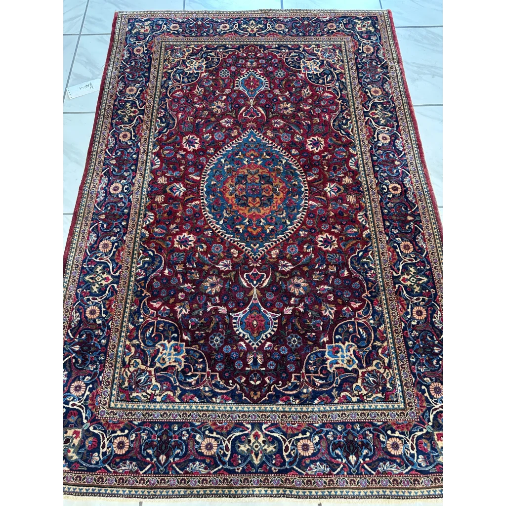 Antique Persian Kashan Debir rug in rich burgundy and blue, 4’3” x 6’4”