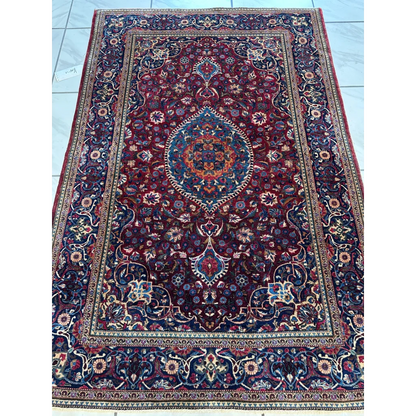 Antique Persian Kashan Debir rug in rich burgundy and blue, 4’3” x 6’4”