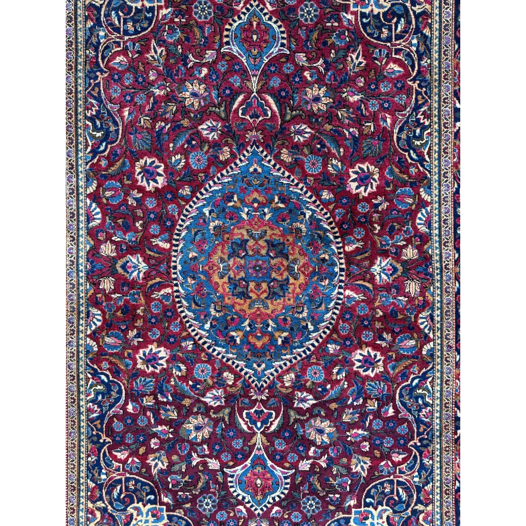 Antique Persian Kashan Debir rug with burgundy blue floral medallion