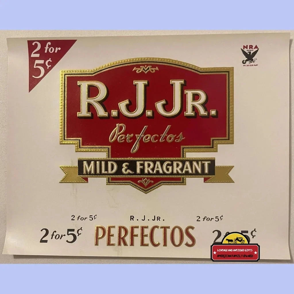 Rare Embossed R.J. Jr. Cigar Label featuring 2 for 5¢ and Mild & Fragrant qualities