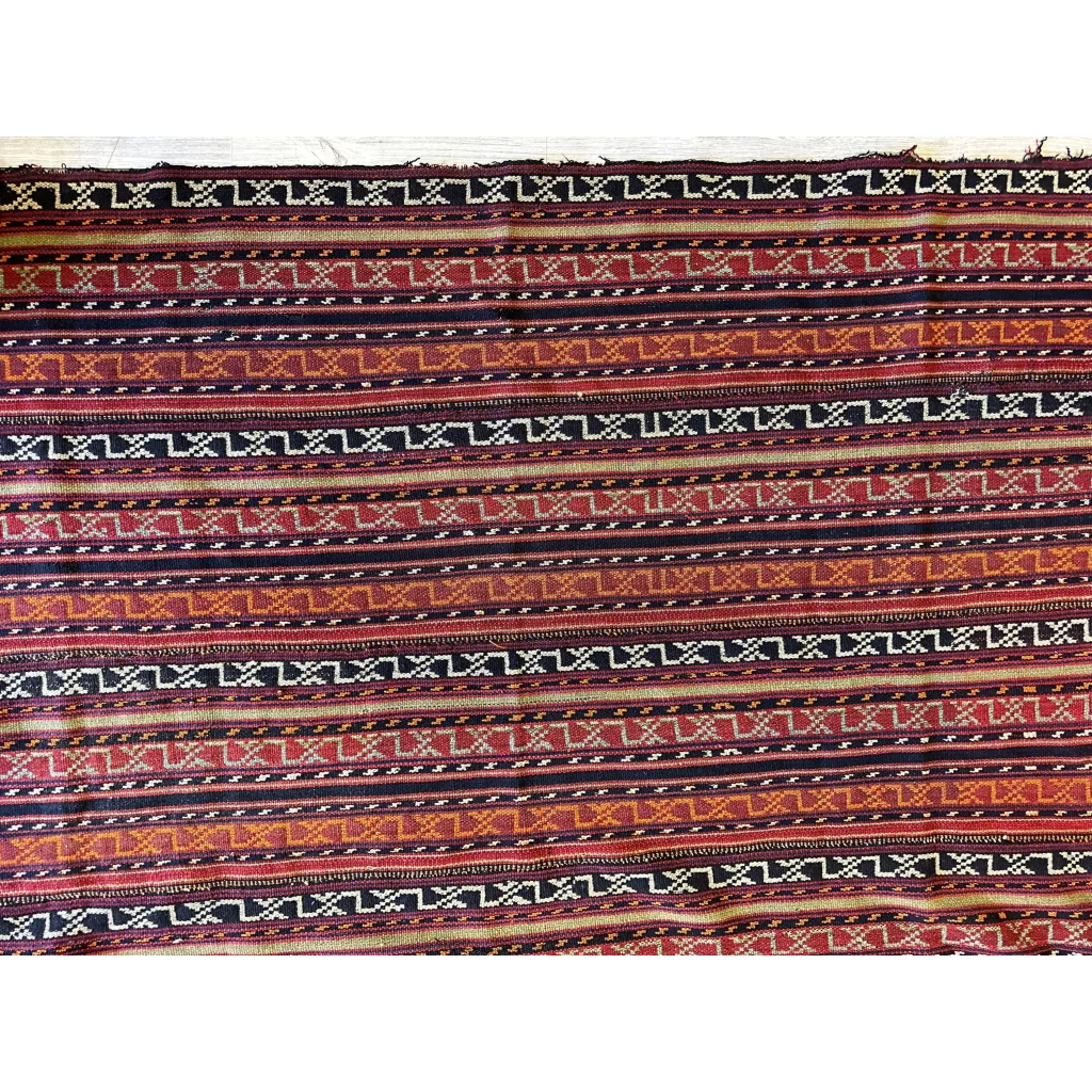 Antique Shahsavan Jajim rug with geometric patterns in reds and browns