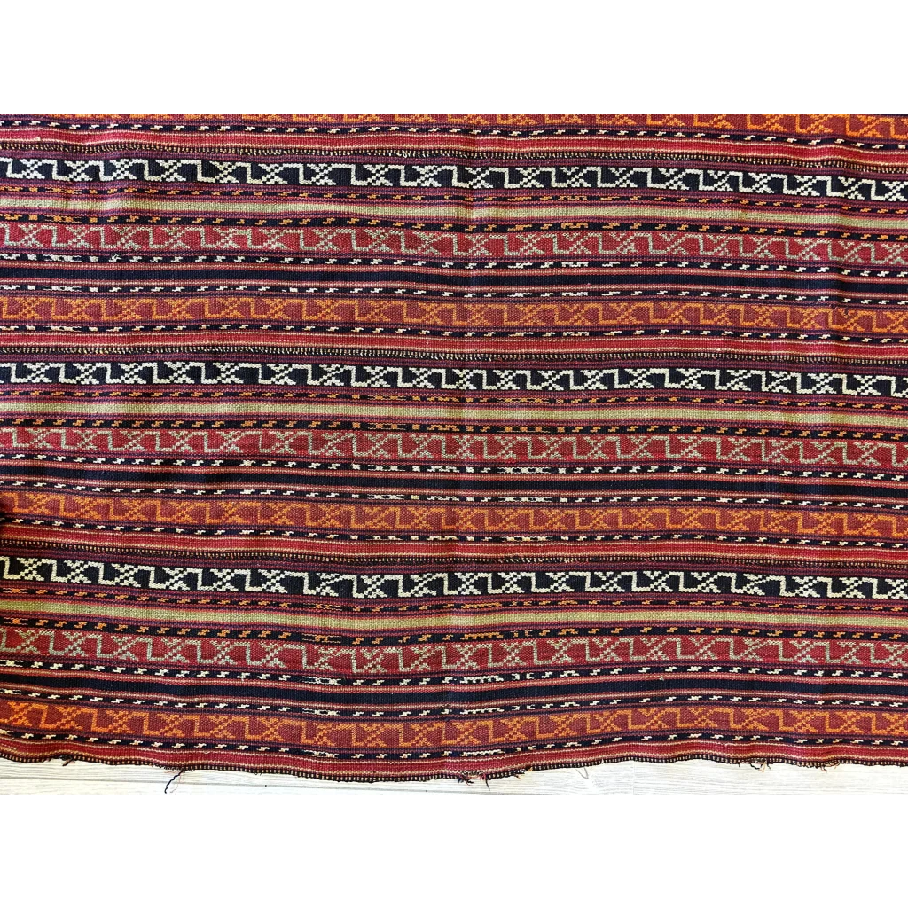 Antique Shahsavan Jajim rug with geometric patterns in reds and browns